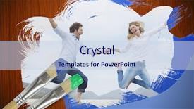  Presentation with composite - Presentation with composite image of couple jumping on the beach with paintbrush dipped in green against wooden oak table background and a sky blue colored foreground
