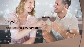  Presentation with toasting - Beautiful PPT theme featuring composite image of couple toasting red wine glasses at table against snow backdrop and a coral colored foreground