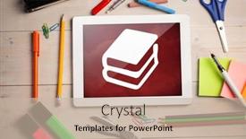  Presentation with digital books - Presentation theme enhanced with composite image of digital tablet on students desk showing books background and a soft green colored foreground