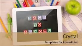  Presentation with school desk - Presentation theme with composite image of digital tablet on students desk showing back to school message background and a yellow colored foreground