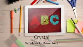  Presentation with abc - Presentation design having composite image of digital tablet on students desk showing abc background and a soft green colored foreground