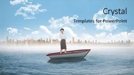  Presentation with sailboat - Beautiful slide set featuring composite image of elegant businesswoman standing with arms crossed in a sailboat in the sea with city on horizon backdrop and a light blue colored foreground