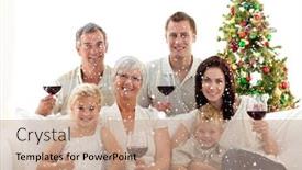  Presentation with falling snow - Audience pleasing presentation theme consisting of composite image of family drinking wine and eating sweets in christmas with snow falling backdrop and a coral colored foreground