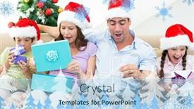  Presentation with snowflakes - Cool new presentation theme with composite image of family opening christmas presents against snowflakes and fir trees backdrop and a light blue colored foreground