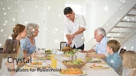  Presentation with falling snow - Audience pleasing slides consisting of composite image of father serving meal to family against snow falling backdrop and a coral colored foreground