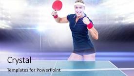 Presentation with winning - Colorful PPT layouts enhanced with composite image of female athlete is winning a ping pong match in a stadium backdrop and a light blue colored foreground