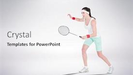  Presentation with badminton - PPT theme featuring composite image of female athlete playing badminton against white background background and a white colored foreground