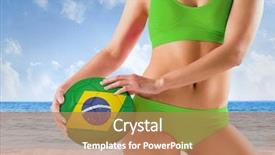  Presentation with beach ball - Presentation theme having composite image of fit girl in green bikini holding brasil ball against beach scene background and a coral colored foreground