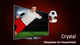  Presentation with goal image - Slide deck with composite image of fit goal keeper saving goal through tv against football pitch under spotlights background and a wine colored foreground
