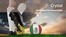  Presentation with football blue - Amazing presentation design having composite image of football boot kicking mexico ball against green grass under blue and orange sky backdrop and a gray colored foreground