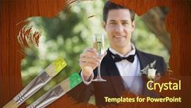  Presentation with oak - PPT theme consisting of composite image of groom toasting with champagne with paintbrush dipped in green against wooden oak table background and a tawny brown colored foreground