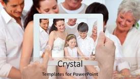  Presentation with photograph - PPT layouts featuring composite image of hand holding tablet pc showing photograph background and a coral colored foreground