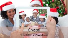  Presentation with photograph - PPT theme with composite image of hand holding tablet pc showing photograph background and a coral colored foreground