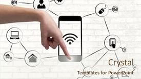  Presentation with application - PPT theme enhanced with composite image of hand using a smartphone with application icons background and a sky blue colored foreground