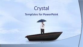  Presentation with stuck - PPT theme featuring composite image of happy businessman holding umbrella in a sailboat stuck in ice background and a sky blue colored foreground