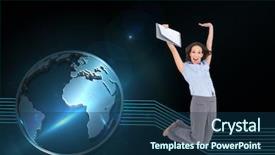  Presentation with classy - Amazing slide set having composite image of happy classy businesswoman jumping while holding clipboard backdrop and a ocean colored foreground