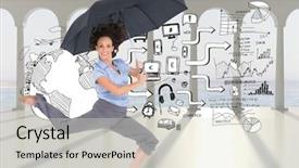  Presentation with classy - Slides featuring composite image of happy classy businesswoman jumping while holding umbrella background and a lemonade colored foreground