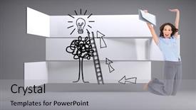  Presentation with classy - Colorful theme enhanced with composite image of happy classy businesswoman jumping while holding clipboard backdrop and a light gray colored foreground