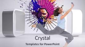  Presentation with classy - Slide deck consisting of composite image of happy classy businesswoman jumping while holding smartphone background and a light gray colored foreground