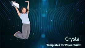  Presentation with classy - Beautiful PPT theme featuring composite image of happy classy businesswoman jumping while holding clipboard backdrop and a navy blue colored foreground