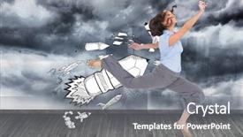  Presentation with happy image - Presentation theme with composite image of happy classy businesswoman jumping while holding smartphone background and a gray colored foreground