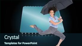 Presentation with classy - Theme having composite image of happy classy businesswoman jumping while holding umbrella background and a ocean colored foreground