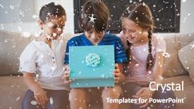  Presentation with falling snow - Amazing PPT layouts having composite image of happy young kids with gift box against snow falling backdrop and a violet colored foreground