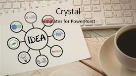  Presentation with cup coffee - Colorful PPT theme enhanced with composite image of idea text connected with various computer icons against close-up of keyboard with coffee cup and paper backdrop and a soft green colored foreground