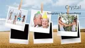  Presentation with blue line - Presentation theme consisting of composite image of instant photos hanging on a line against field and blue sky background and a sky blue colored foreground