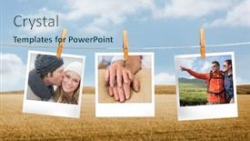  Presentation with blue line - Amazing PPT theme having composite image of instant photos hanging on a line against field and blue sky backdrop and a light blue colored foreground