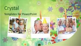 Presentation with composite - Presentation design having composite image of instant photos hanging on a line against green floral design background and a mint green colored foreground