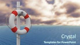  Presentation with pole - Colorful slide set enhanced with composite image of life belt with rope hanging on pole against blue sky with clouds 3d backdrop and a ocean colored foreground