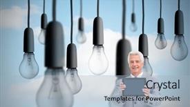  Presentation with light bulbs - Slide deck having composite image of mature businessman showing his tablet in front of big light bulbs in sky background and a light blue colored foreground