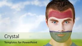  Presentation with football blue - Theme having composite image of netherlands football fan in face paint against football pitch under blue sky background and a yellow colored foreground