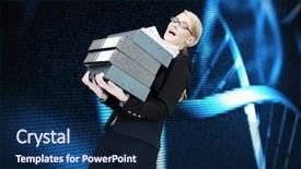  Presentation with overworked - Cool new slide deck with composite image of overworked businesswoman carrying many folders backdrop and a navy blue colored foreground