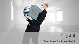  Presentation with overworked - Amazing presentation theme having composite image of overworked businesswoman carrying many folders backdrop and a light gray colored foreground
