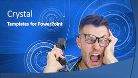  Presentation with cpu - Beautiful theme featuring composite image of portrait of frustrated computer engineer screaming while on call in front of open cpu backdrop and a cobalt blue colored foreground