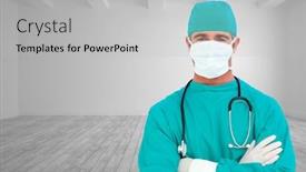  Presentation with healthcare workers - Audience pleasing presentation design consisting of composite image of portrait of an ambitious surgeon healthcare workers in the coronavirus covid19 pandemic backdrop and a light gray colored foreground