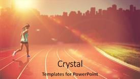  Presentation with running race - Audience pleasing PPT theme consisting of composite image of race track backdrop and a coral colored foreground