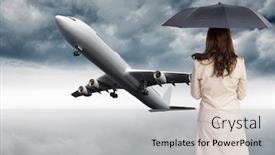  Presentation with classy - Audience pleasing PPT theme consisting of composite image of rear view of classy businesswoman holding umbrella backdrop and a light gray colored foreground
