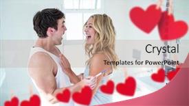  Presentation with pregnancy - Beautiful PPT theme featuring composite image of red hanging hearts and excited couple making positive pregnancy test and celebrating backdrop and a coral colored foreground