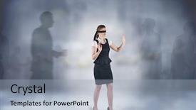  Presentation with composite - Slide set having composite image of redhead businesswoman in a blindfold against silhouettes background and a light blue colored foreground