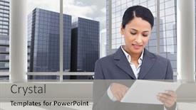  Presentation with touch screen - Slide set consisting of composite image of saleswoman with her touch screen computer in bright room with windows background and a light gray colored foreground