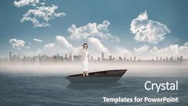  Presentation with sailboat - Presentation theme with composite image of severe pretty businesswoman in a sailboat in the sea with city on horizon background and a gray colored foreground