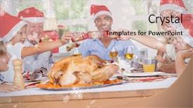  Presentation with cracker - Presentation theme with composite image of siblings pulling a christmas cracker against snowflakes background and a soft green colored foreground