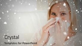  Presentation with falling snow - Presentation theme enhanced with composite image of sick woman blowing her nose against snow falling background and a soft green colored foreground