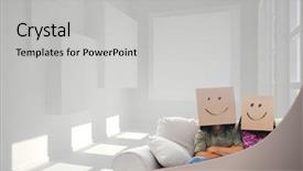  Presentation with faces - PPT layouts featuring composite image of silly employees with arms folded wearing boxes on their heads with smiley faces on a couch background and a light gray colored foreground