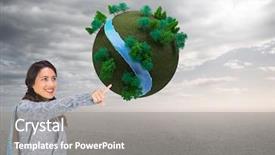  Presentation with composite - Slide deck having composite image of smiling brunette wearing winter clothes pointing background and a gray colored foreground