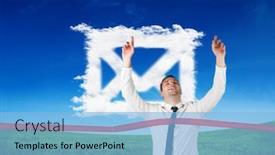  Presentation with email - Presentation having composite image of smiling businessman crossing finishing line against cloud email background and a light blue colored foreground