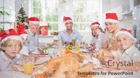  Presentation with christmas dinner - Slide deck having composite image of smiling family around the dinner table at christmas against snow background and a coral colored foreground